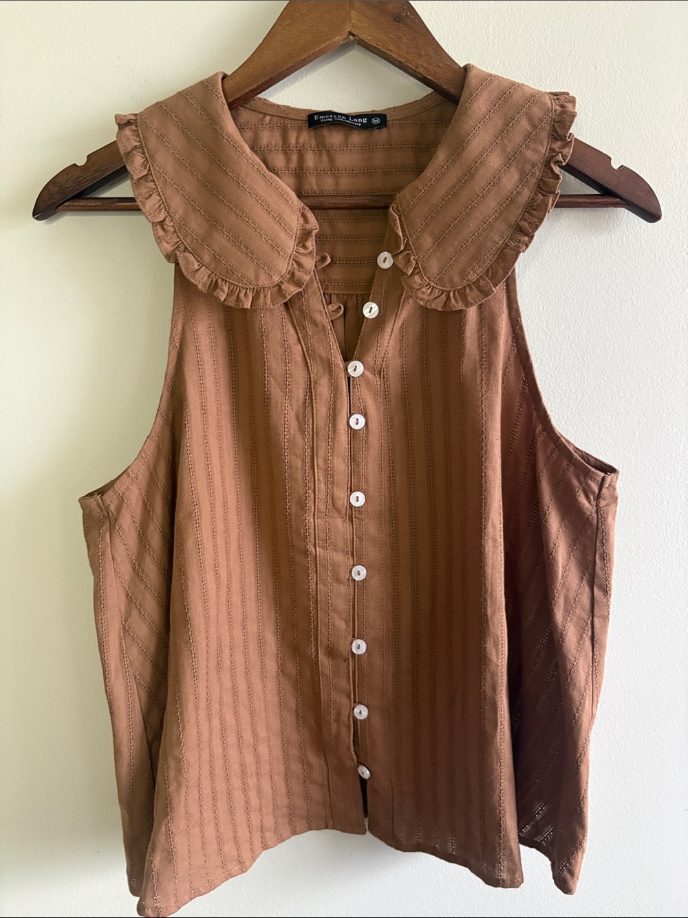 Emerson Lang Brown Pointelle Ruffle Peter Pan Collar Sleeveless Blouse Medium